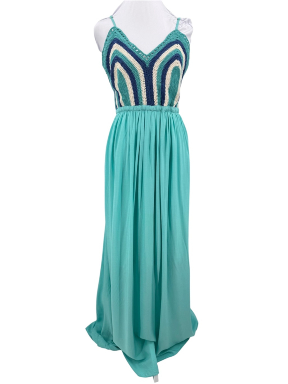 Green Crochet Halter Top Maxi Dress Striped Bodice Open Back High Waist Sz Large